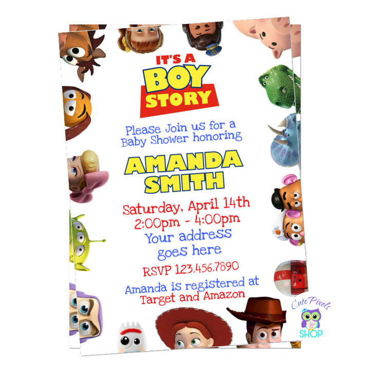 Toy Story Baby shower invitation. It's a boy story baby shower with all toy story friends around in a white background