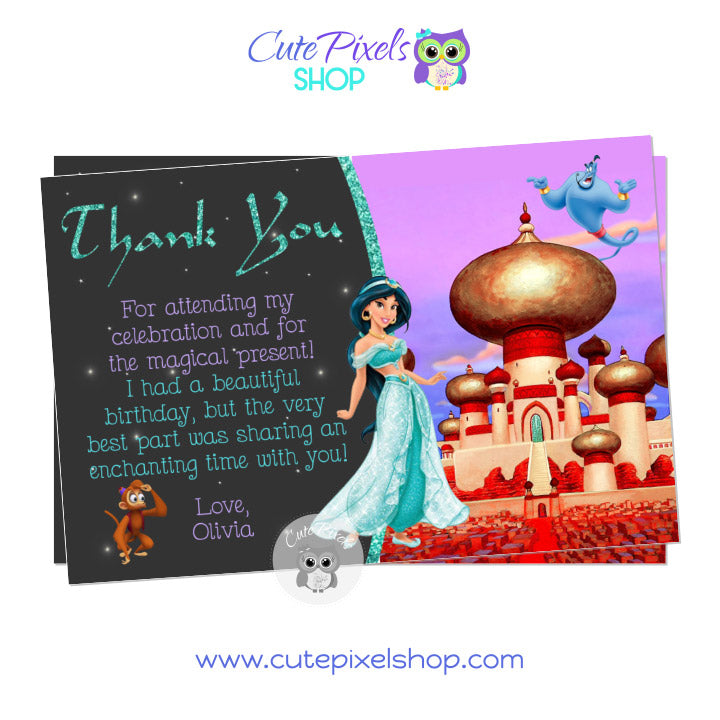Princess Jasmine Thank You Card for an Aladdin Birthday Party with Jasmine, Genie and Abu, Castle Design