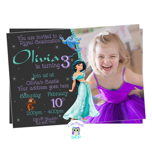 Princess Jasmine Invitation for an Aladdin Birthday Party with Jasmine, Genie and Abu, Includes Child's Photo