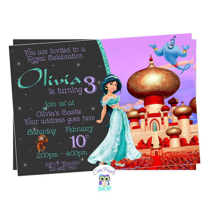 Princess Jasmine Invitation for an Aladdin Birthday Party with Jasmine, Genie and Abu, Castle Design