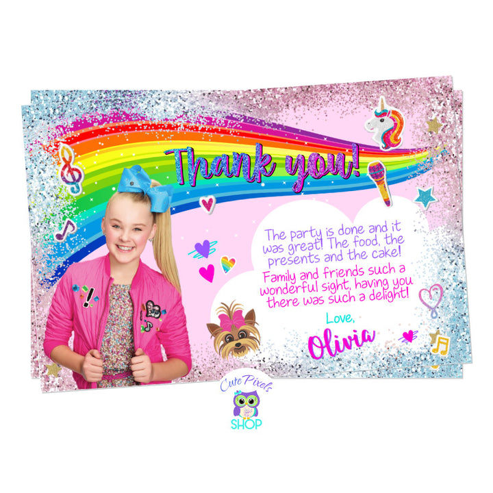JoJo Siwa Thank You Card, full of rainbows, unicorns, Glitter, Hearts and JoJo Siwa in pink, give thanks to your guest at the JoJo Siwa Birthday Party