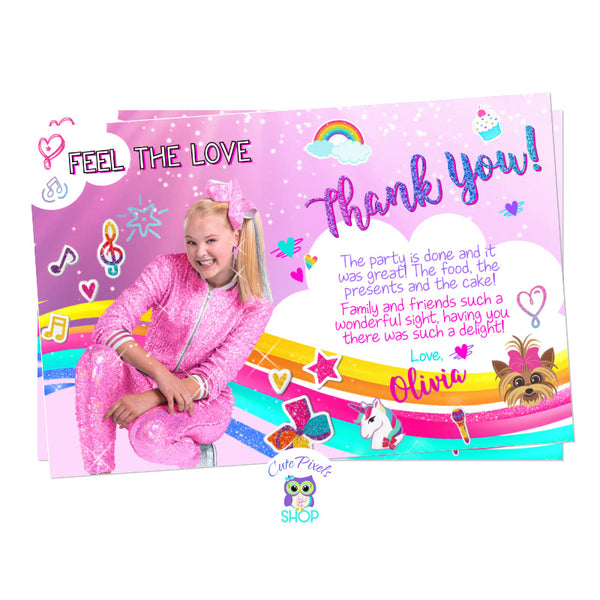 JoJo Siwa Thank You Card, full of rainbows, unicorns, Glitter, Hearts and JoJo Siwa in pink, give thanks to your guest at the JoJo Siwa Birthday Party