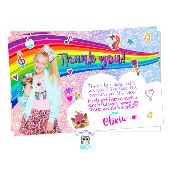 JoJo Siwa Thank You Card, full of rainbows, unicorns, Glitter, Hearts and JoJo Siwa in pink, give thanks to your guest at the JoJo Siwa Birthday Party