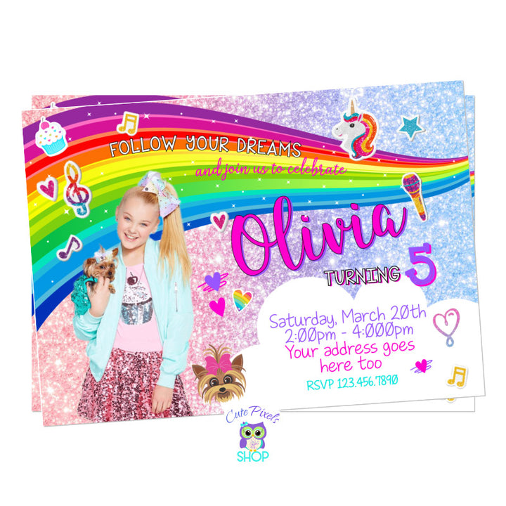 JoJo Siwa Birthday Invitation for a cute JoJo Siwa Birthday full of Glitter, Music, Rainbows, Unicorns, Hearts and JoJo Siwa