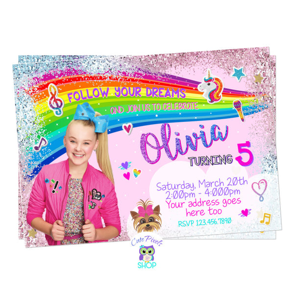 JoJo Siwa Invitation for a perfect JoJo Siwa Birthday Party full of pink. Rainbows, Glitter, Unicorns, Hearts and cute JoJo siwa