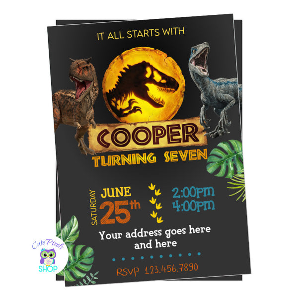 Jurassic World Dominion Invitation, perfect for a Jurassic World Birthday and a dinosaur party. Black background with Tora and blue