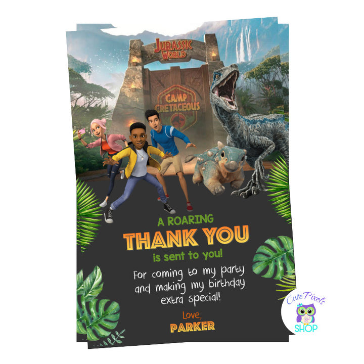 Jurassic World Thank You Card with Dinosaur Blue on it. Camp Cretaceous entrance, campers and bumpy! For a Dinosaur way to say thanks at Jurassic park!