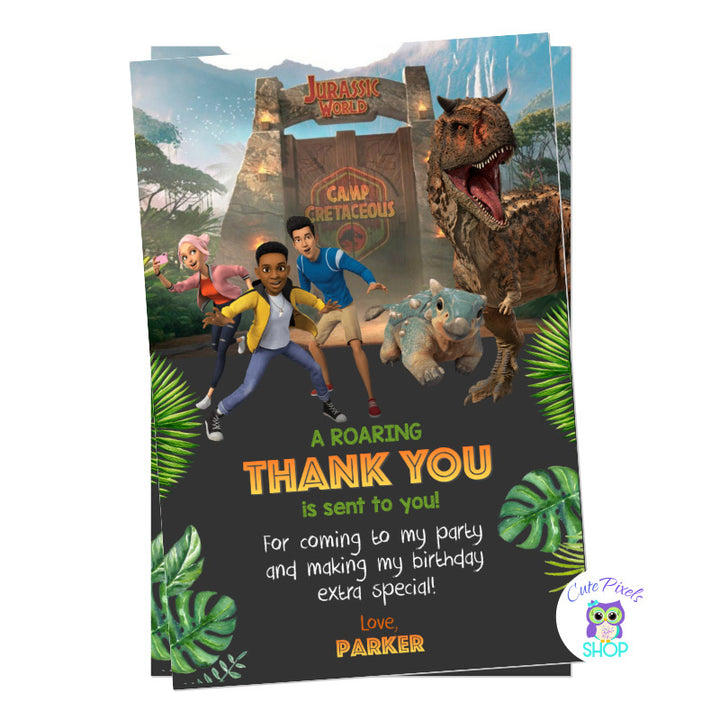 Jurassic World Thank You Card with Dinosaur Toro on it. Camp Cretaceous entrance, campers and bumpy! For a Dinosaur way to say thanks at Jurassic park!