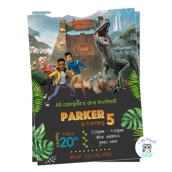Jurassic World Invitation with Dinosaur Blue on it. Camp Cretaceous entrance, campers and bumpy! For a Dinosaur Birthday at Jurassic park!