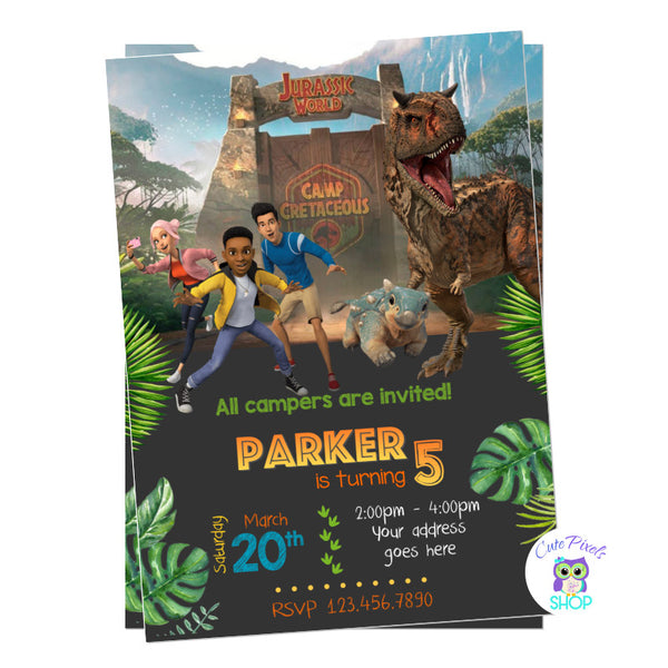 Jurassic World Invitation with Dinosaur Toro on it. Camp Cretaceous entrance, campers and bumpy! For a Dinosaur Birthday at Jurassic park!