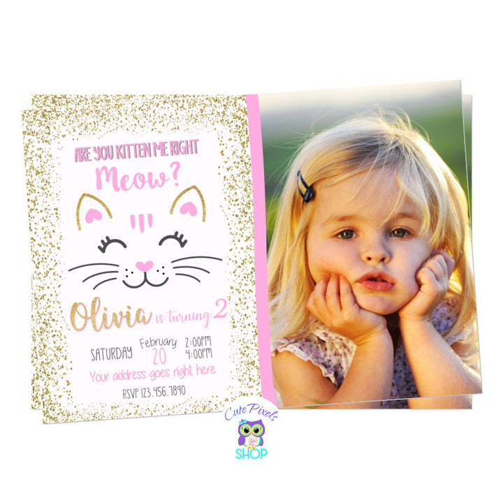 Cat Birthday Invitation in gold glitter, are you kitten me right meow? and a cute cat silhouette for a kitty lover, includes child's photo