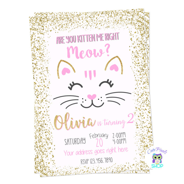 Cat Birthday Invitation in gold glitter, are you kitten me right meow? and a cute cat silhouette for a kitty lover
