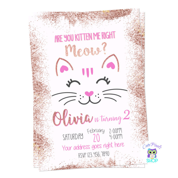Cat Invitation in Rose Gold, Kitty Invitation with Cat and are you Kitten meow?