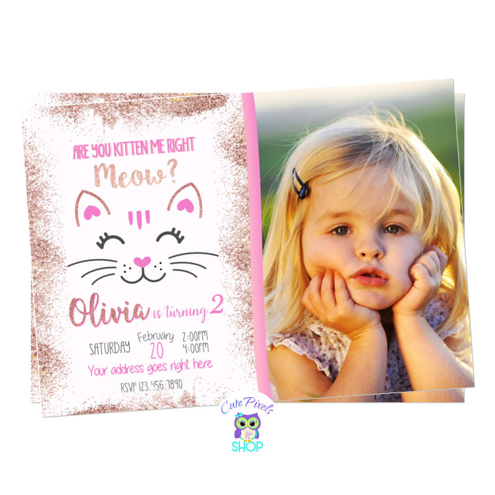Cat Invitation in Rose Gold, Kitty Invitation with Cat and are you Kitten meow? Includes Child's Photo