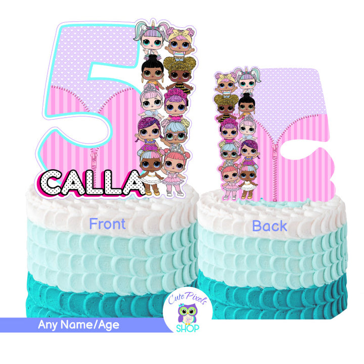LOL Surprise Dolls Cake Topper, you can use on top of you cake and as centerpiece, it has many LOL Surprise Dolls, your child's name and age