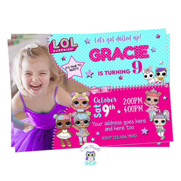 LOL Surprise Dolls invitation, LOL dolls birthday invitation in teal and pink, with many LOL dolls, perfect for your Dolls party! Includes child's photo