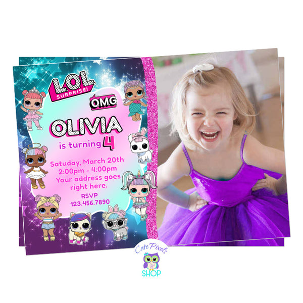 LOL Surprise invitation with many LOL Surprise dolls and child's photo for a LOL Surprise Birthday