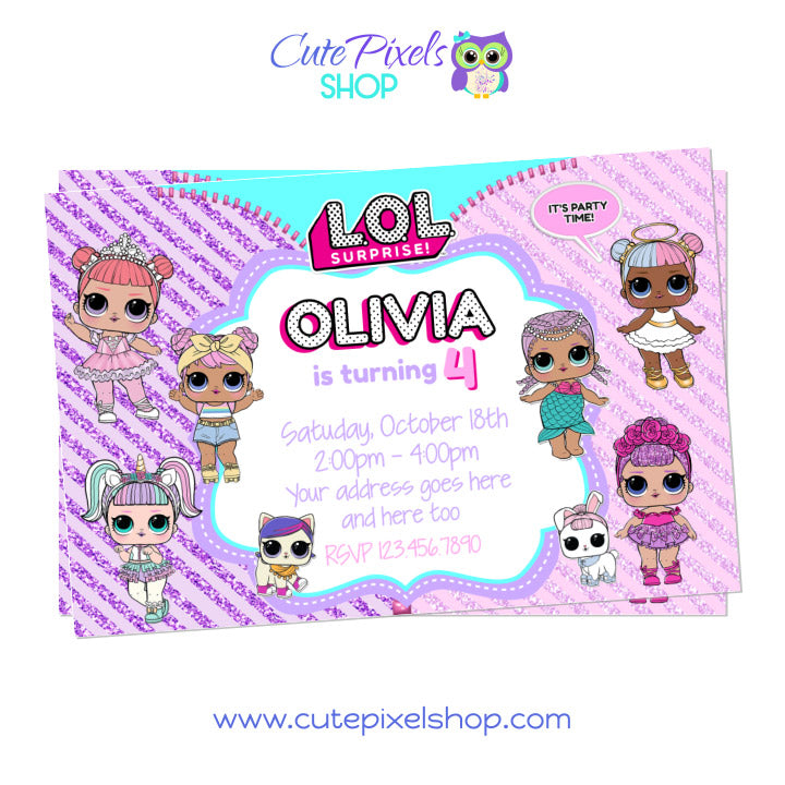 LOL Suprise Birthday Invitation for LOL Doll Birthday in purple and pink, with many LOL dolls!