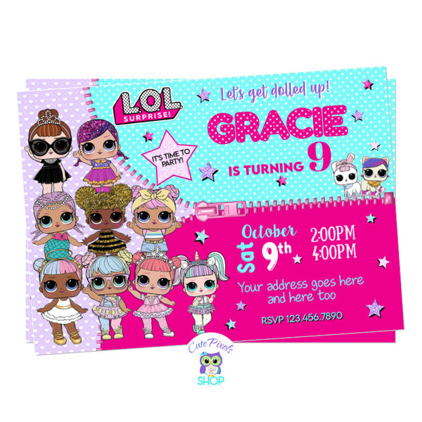 LOL Surprise Dolls invitation, LOL dolls birthday invitation in teal and pink, with many LOL dolls, perfect for your Dolls party!