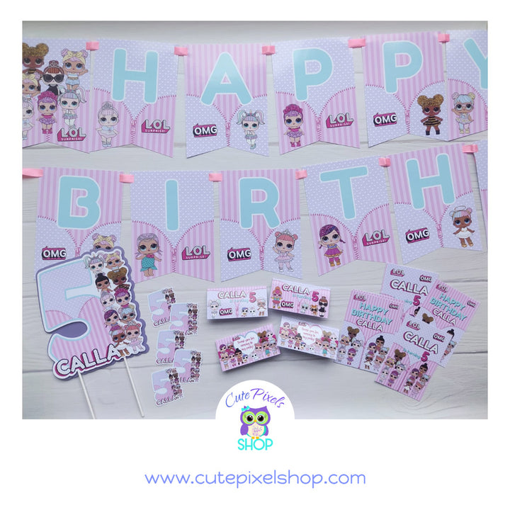 LOL Surprise Dolls Party Decorations printed and shipped including Banner, Cake Topper, Bag Toppers, Capri Sun Labels and Stickers.