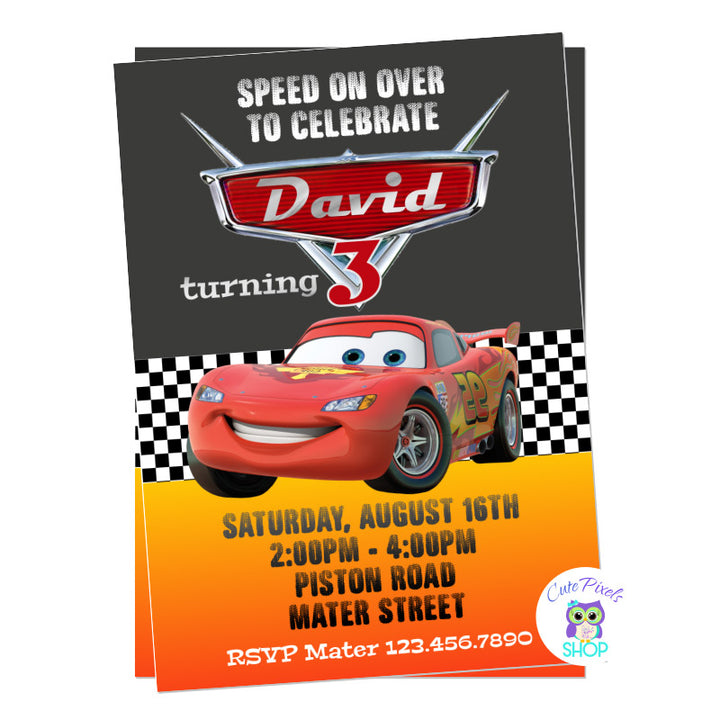 Lightning McQueen Birthday Invitation with Disney Cars Logo for a Racing Birthday Party. Chalkboard at the top with Lightning McQueen in a checkered line and racing fire background