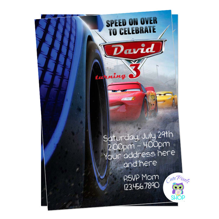 Disney Cars Birthday Invitation, Lightning McQueen invitation for a racing birthday party with McQueen racing