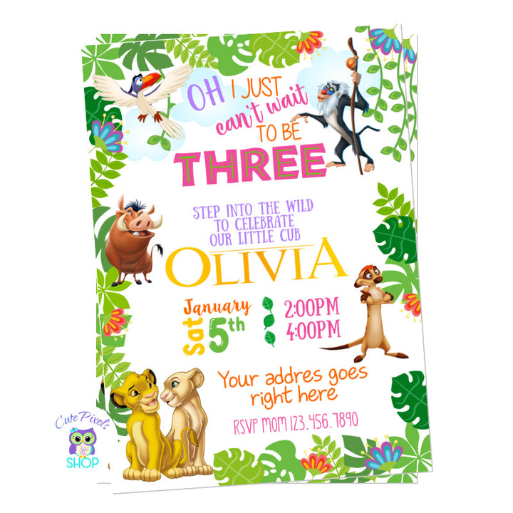 The Lion King Birthday invitation with the favorite Lion King friends: Simba, Nala, Timon, Pumba, Zazu and Rafiki surrounded by cute jungle leaves. Pink Design