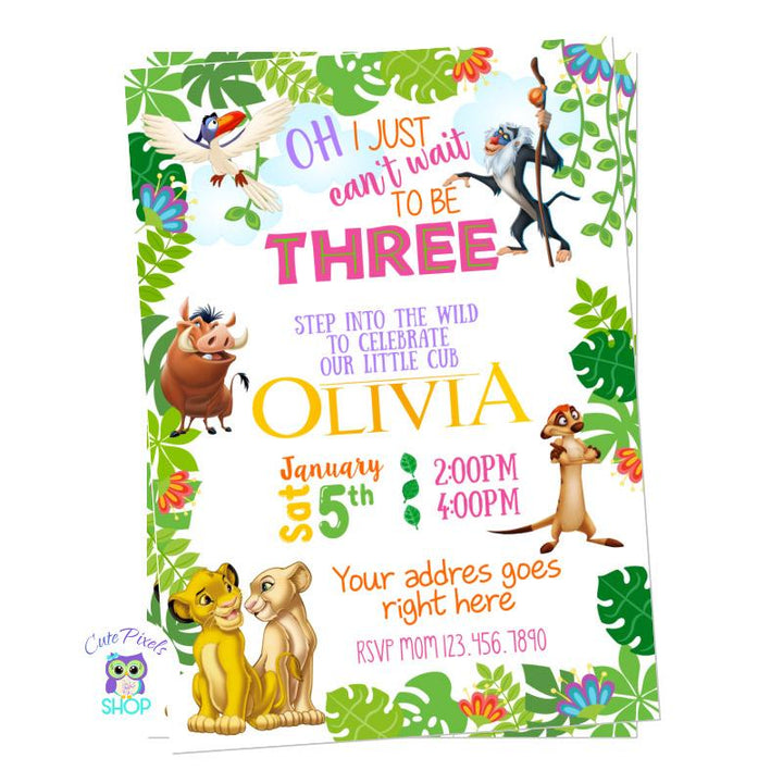 The Lion King Birthday invitation with the favorite Lion King friends: Simba, Nala, Timon, Pumba, Zazu and Rafiki surrounded by cute jungle leaves. Pink Design