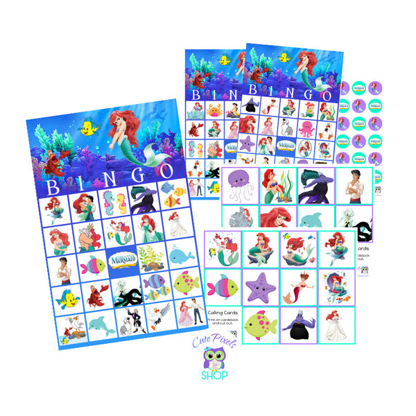 Little Mermaid Bingo Game with all Princess Ariel movies Characters and Under the sea creatures for lots of fun and hours of play. Includes 12 cards, Bingo calling cards