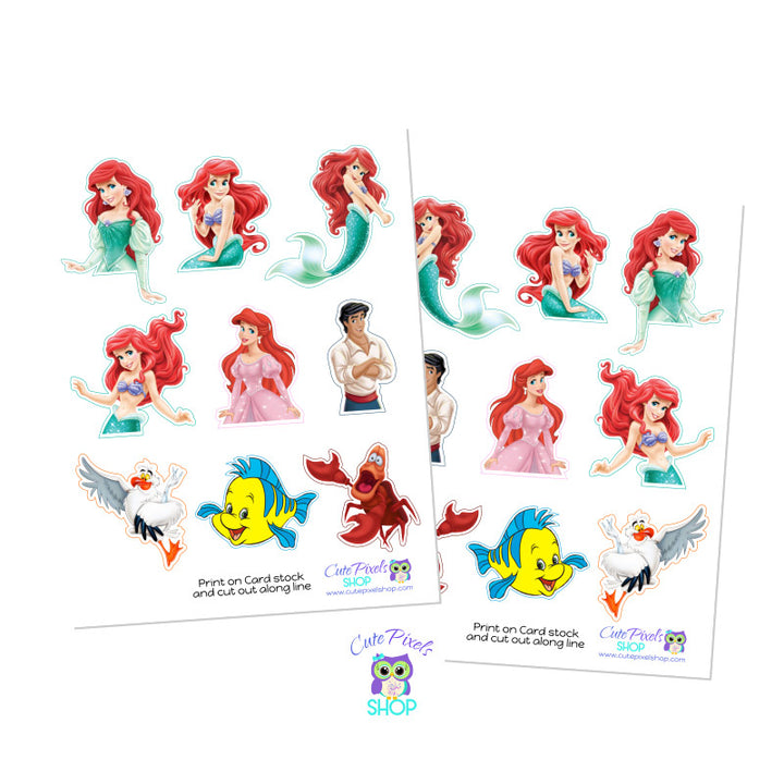 Pages of The little mermaid cupcake toppers cutouts, front and back images.
