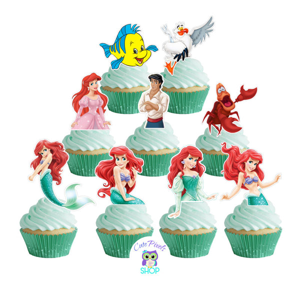 The Little Mermaid Cupcake Toppers, Ariel cutouts for cupcakes. Ariel, Sebastian, Flunder, Prinece Eric and Skuttle