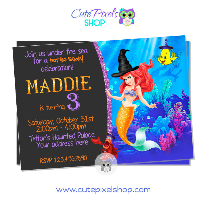 Little Mermaid Halloween invitation with the Little mermaid in a Halloween costume and a cute witch hat