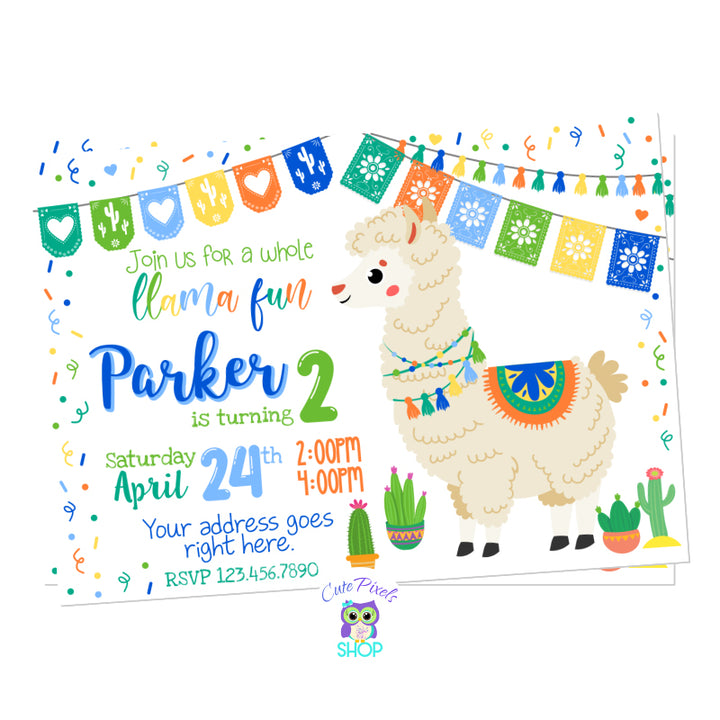 Llama Invitation with a cute Alpaca, fiesta bunting banner, sprinkles and colors for a whole llama fun birthday party. Blue, green and orange for a more neutral, boy llama invitation