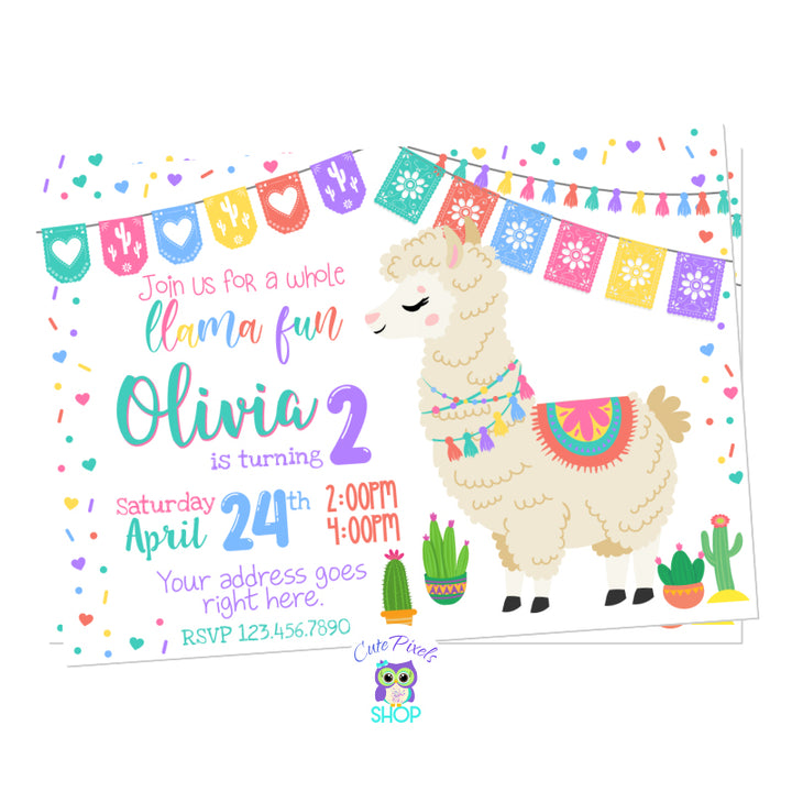 Llama Invitation with a cute Alpaca, fiesta bunting banner, hearts, sprinkles and colors for a whole llama fun birthday party