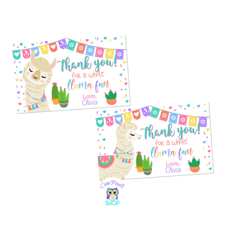 Llama Thank You Tags with a cute Alpaca and Fiesta bunting banners, to be used as Favor tags and put onto favors. Full of hearts, sprinkles and fiesta mood in teal, purple, pink and salmon colors