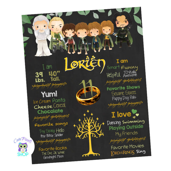 Lord of the Rings Chalkboard Sign for a Lord of the rings Birthday. Has all your child's milestones in a chalkboard sign in a cute Lord of The Rings decoration poster