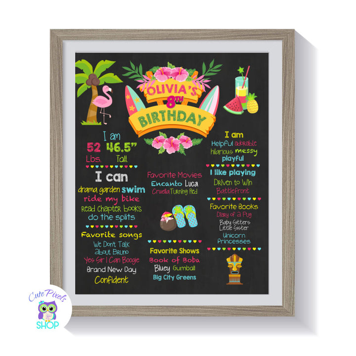 Hawaiian birthday sign, chalkboard for milestones. perfect for a Hawaiian party or Luau Birthday. Bright colors and Hawaiian images