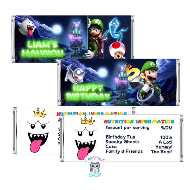 Luigi's Candy bBar Wrappers for a Super Mario Bros Birthday party. It has Luigi running from mansion and all ghosts, perfect for your video game birthday party