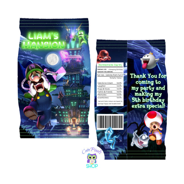 Luigi's Chip Bag wrappers for a Super Mario Bros Birthday party. It has Luigi running from mansion and all ghosts, perfect for your video game birthday party