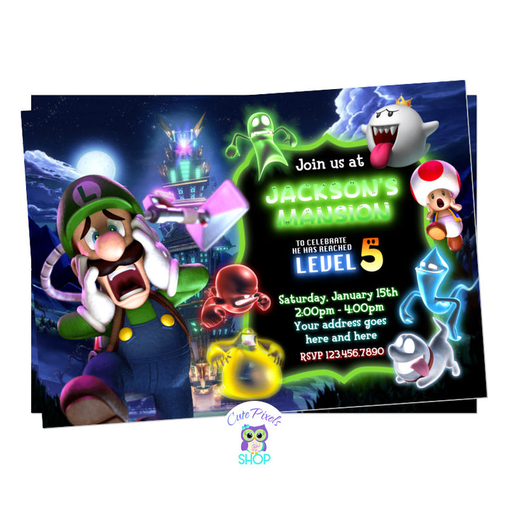 Luigi's Mansion Invitation, perfect for your Super Mario Bros gamer. Full of ghost and Luigi and Tod running scared. Video Game Invitation
