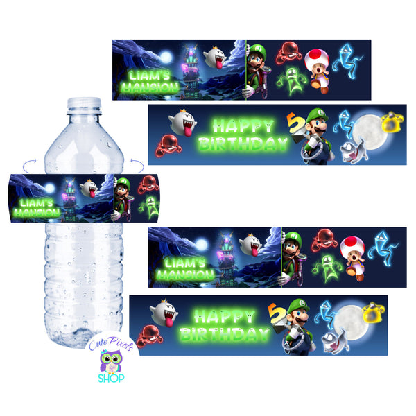 Luigi's Mansion Water Bottle labels for a Mario Bros birthday party full of ghosts for your video  gamer 