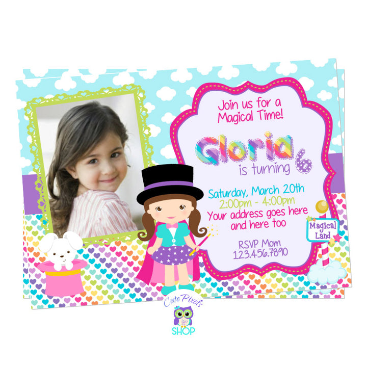 Magic Party invitation for a little magician birthday girl full of rainbow colors and magic, blue clouds magical background