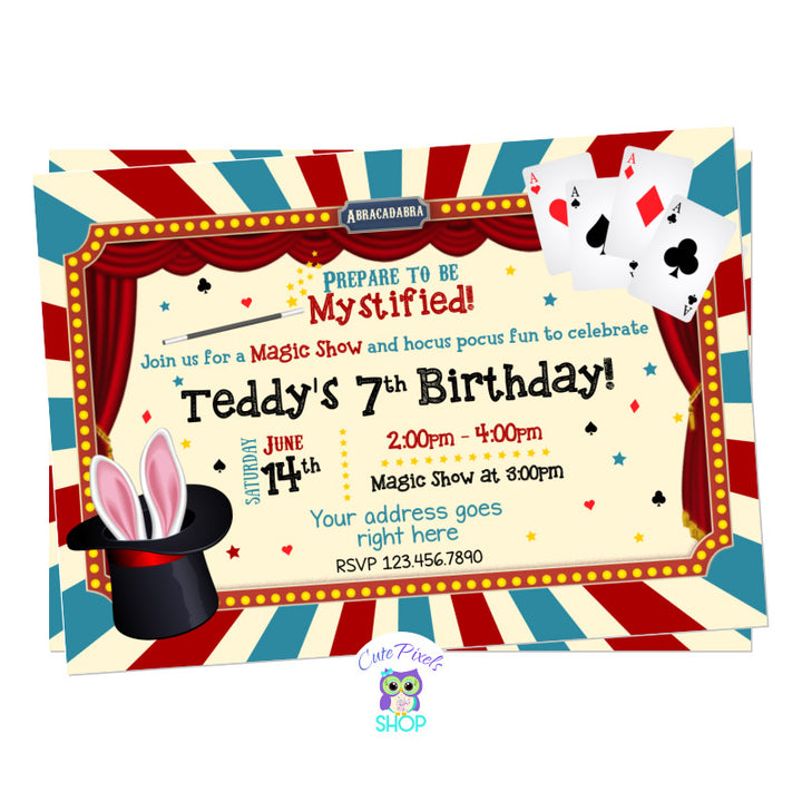 Magic Party invitation. Magician Invitation for a Magic show birthday party. Curtains, cards, rabbit in a hat, stars and poker symbols all to bring magic to your invitation for the Magic show.