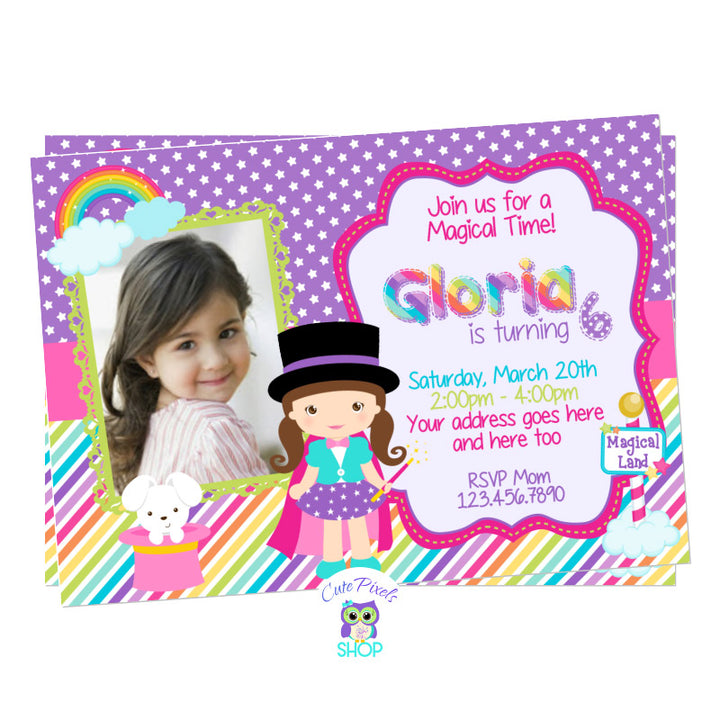 Magic Party invitation for a little magician birthday girl full of rainbow colors and magic, purple stars background