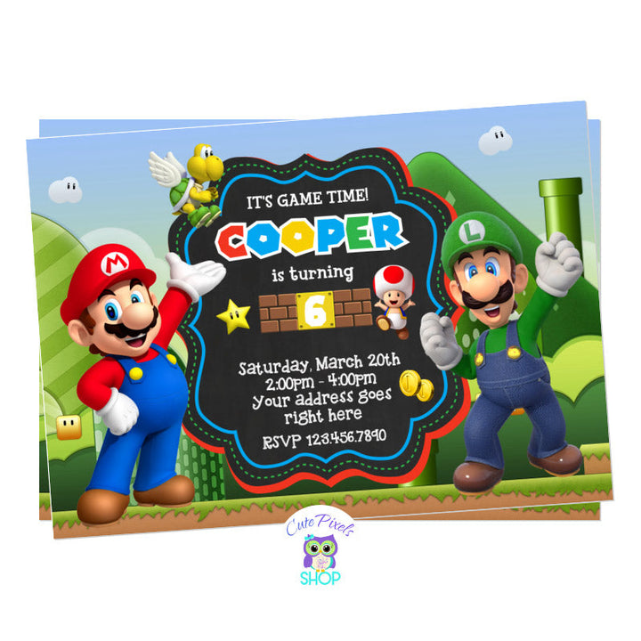 Super Mario Bros invitation with Luigi ,Mario, Toads and a Super Mario game background.