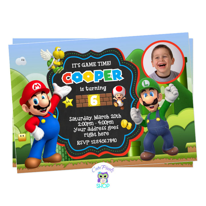 Super Mario Bros invitation with Luigi ,Mario, Toads and a Super Mario game background. Includes your child's photo