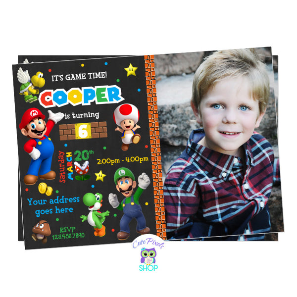 Super Mario Bros Invitation for a Video Game Birthday! Including Mario, Luigi, Yoshi, Toad,  Goomba and Koopa. Includes Child's photo