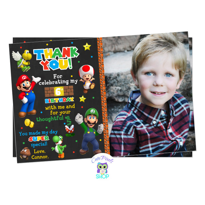 Super Mario Bros Thank You Card for a Video Game Birthday! Including Mario, Luigi, Yoshi, Toad, Goomba and Koopa. Includes child's photo