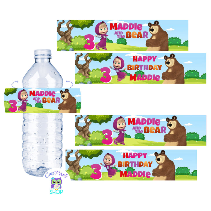 Masha and The Bear Water Bottle Labels.Two designs included, one with child's name and age and other with Happy birthday. Both include Masha and The Bear.