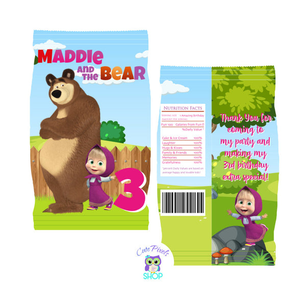 Masha and The Bear Chip bag wrappers with Masha pointing at age and Bear next to her. Includes child's name as Masha and the bear logo